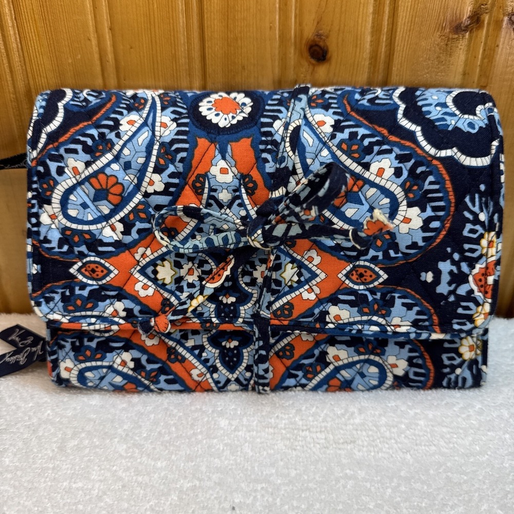 Vera Bradley Roll Up Jewelry Travel Organizer Bag in Marrakesh Blue Orange White